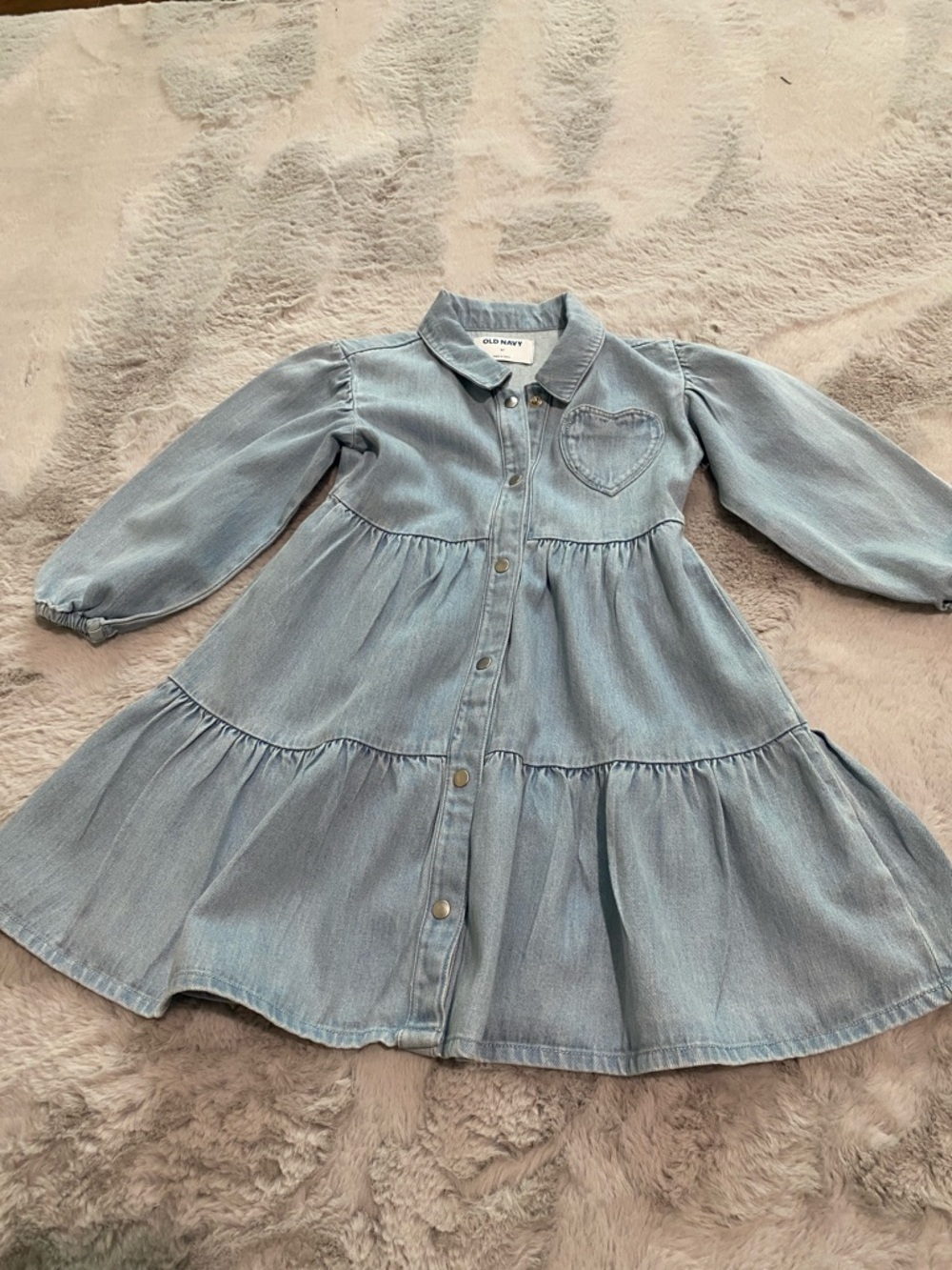 Old Navy Light Blue Denim Tiered Button-Front Girls' Dress with Heart Pocket